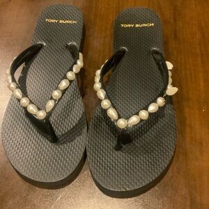 Tory Burch Black Sandals with Pearl Details